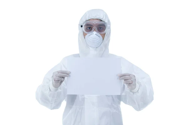 Doctor Protective Clothing Holding Blank Paper White Background Stock Image