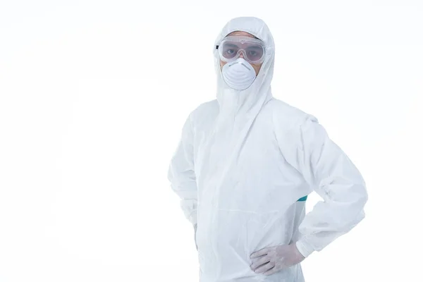 Arzt Mit Schutzkleidung Auf Weißem Hintergrund Stockbild