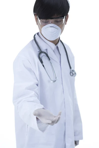 Young Asian Doctor Wearing Medical Gloves White Background Stock Picture