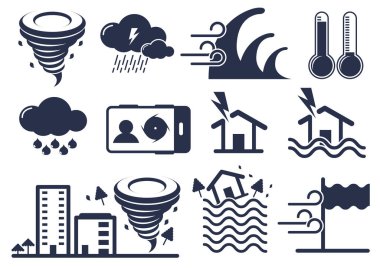 Doğal afet simgeleri seti, fırtına, tsunami, gök gürültüsü, vektör illüstrasyonu.