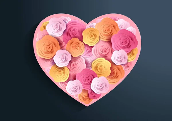 Valentijnsdag Rozen Hart Papier Knippen Roze Achtergrond Vector Illustratie — Stockvector