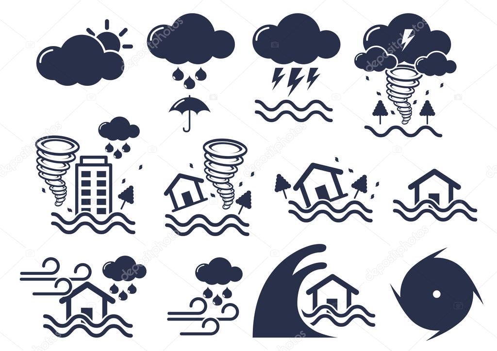 natural disaster icons set, storm, tsunami, thunder,  vector illustration.