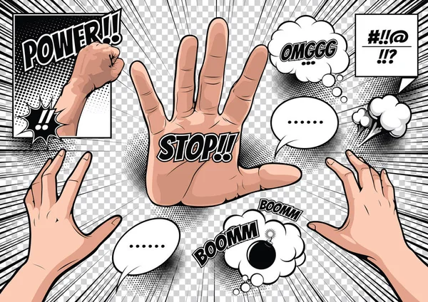Comic Style Hand Picture Pop Art Speech Bubbles Doodle Art — Stock Vector