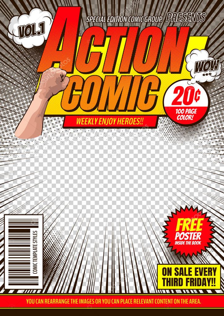 comic cover template background, flyer brochure speech bubbles, doodle art, Vector illustration.