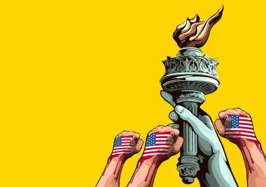 Hand of the Statue of Liberty, independence day, comic book cover template on yellow background, flyer brochure speech bubbles, doodle art, Vector illustration.
