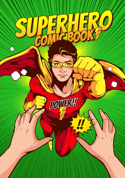 Pria Dalam Pakaian Superhero Berjuang Buku Komik Cover Template Pada - Stok Vektor