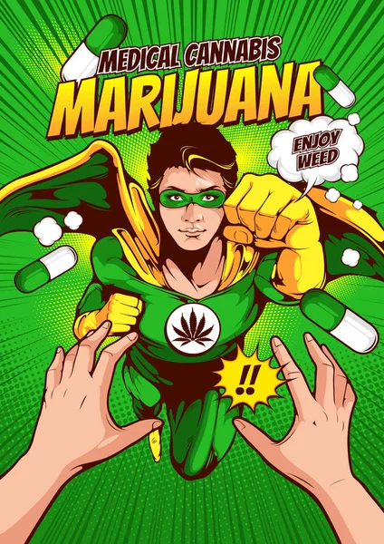 Men in superhero costumes are fighting on book covers, marijuana banner, enjoying weeds, comic book cover template on red background, flyer brochure speech bubbles, doodle art, Vector illustration, you can place relevant content on the area.