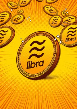 Libra madeni para sembolü, yeni dijital para birimi, el çizimi çizgi roman resmi, Pop Art tarzı, Vektör illüstrasyonu. 