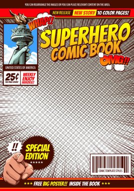 comic cover template background, flyer brochure speech bubbles, doodle art, Vector illustration.