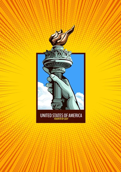 Hand Statue Liberty Independence Day Comic Book Cover Template Yellow — Stock Vector