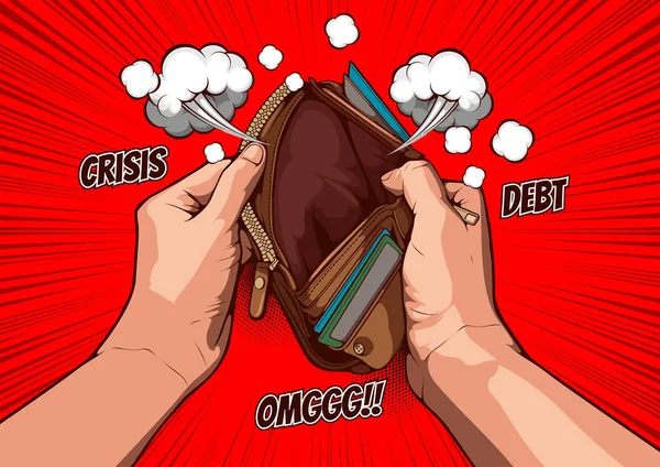 Obrázek Ruka Otevřít Prázdnou Peněženku Červeném Pozadí Šablona Komiksu Kryt — Stockový vektor