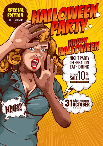 Halloween Party Cover Template Background Horror Comic Picture Woman Very — Stock Vector