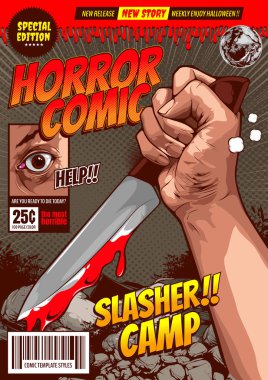 Korku çizgi romanı, katliam kampı katili, cadılar bayramı kapağı şablonu, gece ormanı arka planında bir bıçak tutan el, konuşma baloncukları, vektör illüstrasyonu..