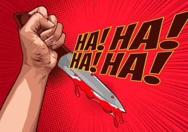 horror comic, halloween cover template, Hand holding a knife on red background, speech bubbles, Vector illustration. clipart