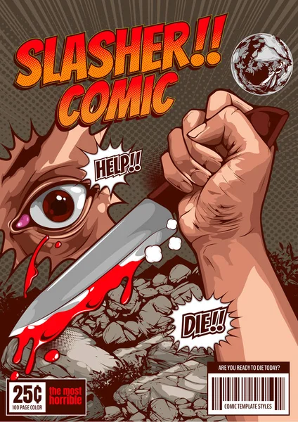 Horror Quadrinhos Assassino Acampamento Slasher Modelo Capa Halloween Mão Segurando — Vetor de Stock