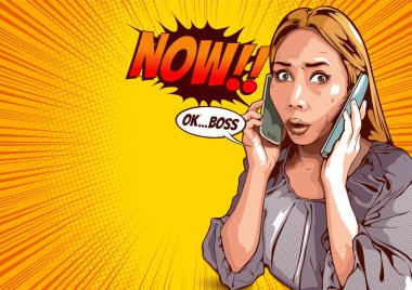 Çizgi roman tarzı stok resimleri, iki telefon kullanan kadın iş hakkında konuşmakla meşgul ve stresli sarı arkaplan, konuşma baloncukları, vektör illüstrasyonları.