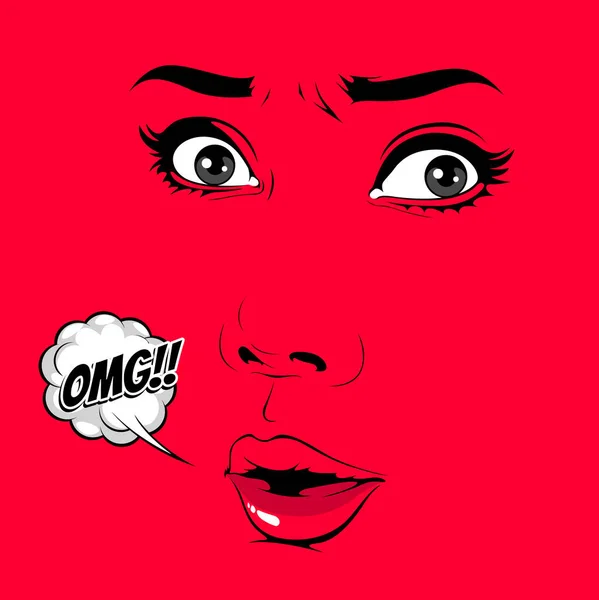 女孩前面的图片 漫画风格的女性面孔 流行艺术演讲泡沫 红色背景的涂鸦艺术 矢量插图 — 图库矢量图片