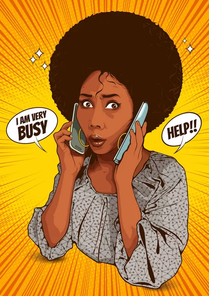 漫画スタイルのストック画像 美しいアフリカ系アメリカ人女性の写真2つの電話で話して 彼女はビジネスの仕事を話すことについて忙しいと強調しています 黄色の背景にテンプレートをカバー スピーチバブル ベクトルイラスト — ストックベクタ