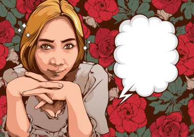 Güzel kadınların resimleri, çizgi roman tarzı, kapak şablonu, konuşma baloncukları, vektör illüstrasyonu.
