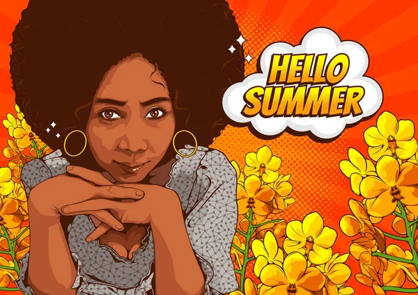 Pictures Beautiful African American Women Message Hello Summer Comic Style — Stock Vector