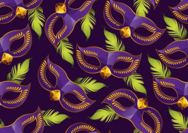 Mardi Gras Seamless Pattern, Purple Feather Mask, picture fashion for gretting card banner, poster,  template, Flyer & brochure, vector illustration. clipart