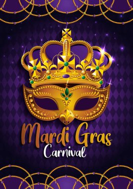 Mardi Gras, Carnival Party, Golden mask with crown,  gretting card banner, poster,  template, Flyer & brochure On background sparkling stars, vector illustration.
