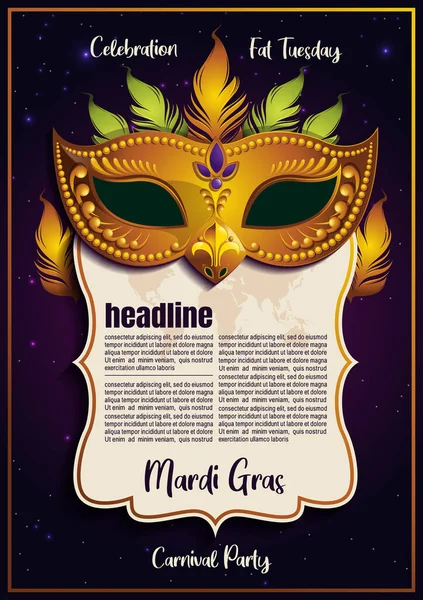 Mardi Gras Template Maschera Dorata Con Piume Cartellone Segnapunti Poster — Vettoriale Stock