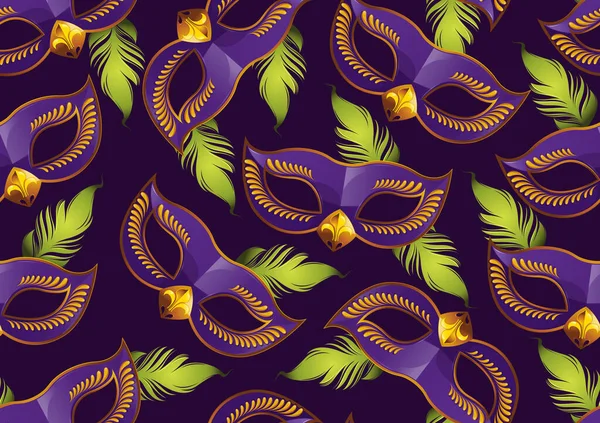 Mardi Gras Seamless Pattern Purple Feather Mask Picture Fashion Gretting — 스톡 벡터