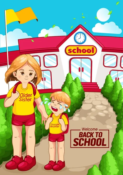 Üdv Újra Iskolában Gyerekek Iskolába Járnak Függőleges Poszter — Stock Vector