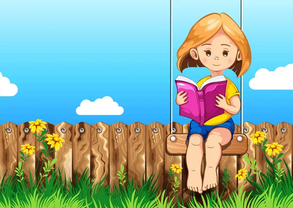 Child Reading Books Garden Vector Illustration — Stock Vector