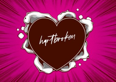 çizgi roman kapağı şablonu, pembe zemin üzerinde yırtık kağıt kalp şekli, broşür konuşma baloncukları, Vektör illüstrasyonu.