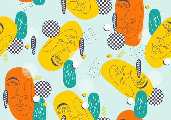 Abstract  line art face, geometric seamless pattern hipster fashion, Minimal background, vector illustration.