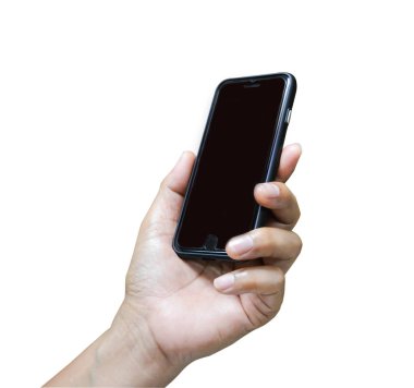 El ele tutuşan cep telefonu beyaz arkaplan. Kırpma yolu.