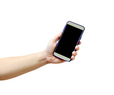 Yakın plan el dokunuşu beyaz, akıllı telefon boş ekranda izole edilmiş kırpma yolu ile kolay ayarlama