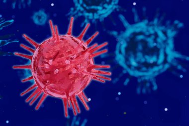 Kırmızı Coronavirus COVID-19 mikroskop altında mavi virüs arka planında izole edildi, 3d illüstrasyon .clipping path.