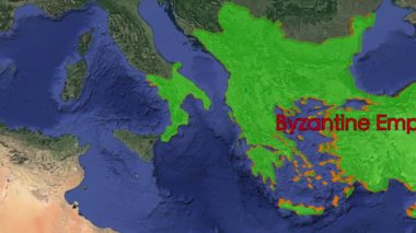 Bizans İmparatorluğu sınırları. 3D 'de imparatorluk tarihi dünya haritasını döndürüyor. Orta yaşlı, devasa bir Hristiyan devleti. Tarihsel sınır haritalama animasyon fetih grafik şeması imperium Yunan doğu Bizans Konstantinopolis antik çağ.