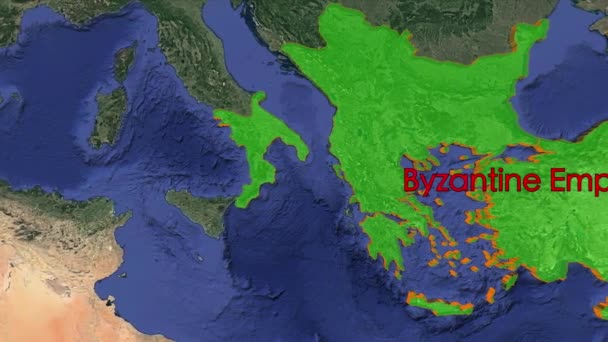 ビザンツ帝国の境界 帝国3D回転古い歴史的な世界地図上 中世の巨大なキリスト教十字軍国家 歴史的国境マッピングアニメーション征服図帝国ギリシャ東ビザンツ帝国のコンスタンチノープル中世古代 — ストック動画