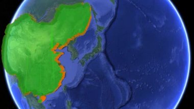 Büyük Qing hanedanlığı sınırları. 3D 'de imparatorluk tarihi dünya haritasını döndürüyor. İç Asya coğrafyası. Devasa Çin İmparatorluğu devleti orta yaşlarda. Dev bir Budist ülkesi. Hareket eden animasyon fetih grafiği Doğu Mançurya Mançurya arabası tarihi atlası.