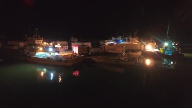 Balıkçı gemilerinden kargo kamyonlarına yükleme. Limandaki gemilerin ışıkları altında çalışan balıkçılar. Balıkçılık endüstrisi için ideal, gece işi hayatı. İşçiler gece yarısı liman limanında hareket edebilirler. Deniz piyadesi okyanus havası limanına demir atmışlardır..
