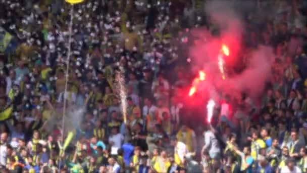 Aficionados Emocionados Felices Abrazándose Bailando Con Alegría Estadio Aplausos Masivos — Vídeos de Stock