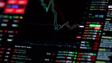 8k 7680x4320 60p. Borsa eğilimi ekranda. Monitörde büyüyen hisse senedi indeksi. Wall Street döviz bürosunun servetini, kar getiren iş büyüyen para birimi rakamlarını takas etmek. Ticari alıntılar, sunum arkaplanı, kronometre ve yayın amacı için ideal. 