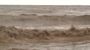Kahverengi çamurlu deniz dalgaları. Sel suları denize ulaşır. Nehrin ağzında güçlü bir dalga oluşturur. Çamur yağmurdan sonra denize doğru ilerliyor. İnanılmaz hızlı akan azgın bir nehir okyanusu..