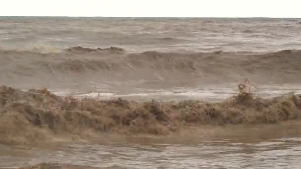 ブラウン泥だらけの海の波 洪水の水が海に到達します 川の河口に強い波を作り出す 土壌泥は雨の後海に向かって動いている 信じられないほど速く流れる川の海 — ストック動画