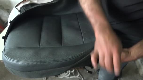 Install Installation Car Seat Cover Master Makes Upholstery Part Cars — Stockvideo