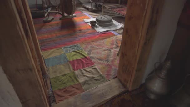 Old Wooden Village House Interior Carpets Rugs Antique Household Items — Stockvideo