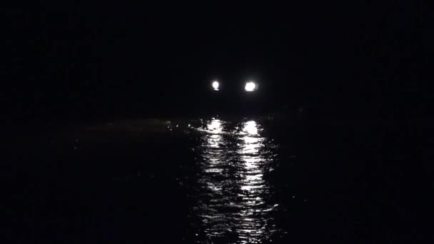 4オフロード車は 水の中に川を渡すために急落した 車のヘッドライト夜には水を入力している 大きな川の真夜中を渡ります これは危険な本当の冒険と生存闘争です 4K川 車のヘッドライトを渡す大きな真夜中 — ストック動画