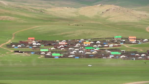 Coloridas Casas Techadas Una Ciudad Tradicional Clásica Mongolia Jardines Vallados — Vídeos de Stock