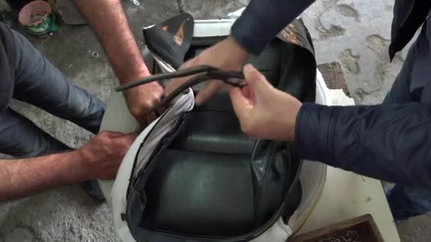 Hog Ring Attachment Leather Seat Cover Installation Hog Ring Attachment — Stock Video