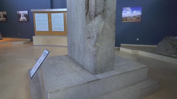 歴史的石碑文博物館 モンゴルのオルホン渓谷にある古いトルコ語のアルファベットで書かれたゴクトゥルク人によって建てられた記念碑的インスタレーション — ストック動画