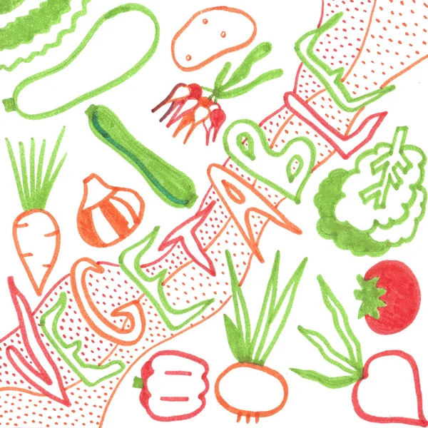 Los Coloridos Vegetales Garabato Scetch Conjunto Dibujado Mano — Foto de Stock